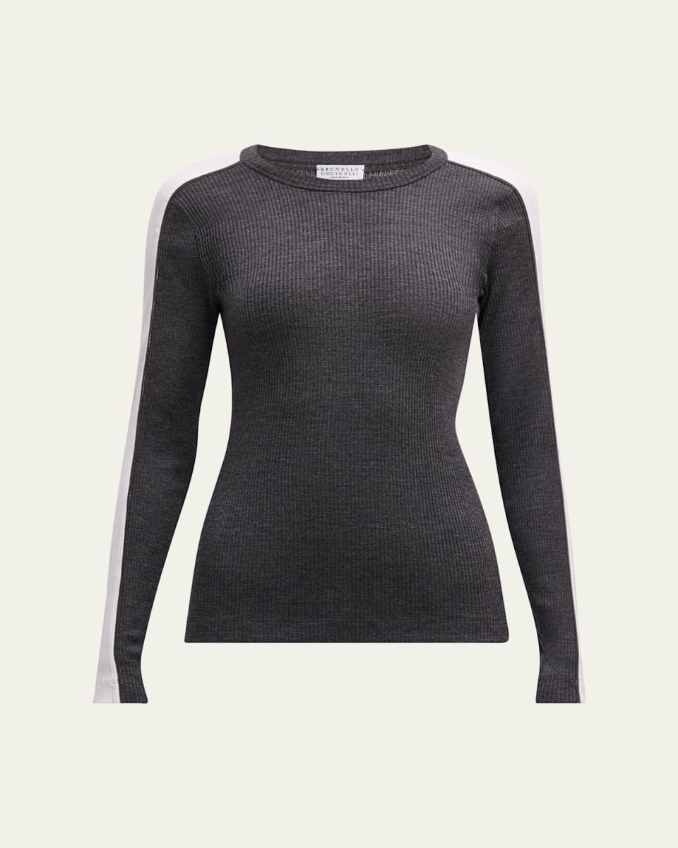 Contrast-Band Rib Jersey Retro Crewneck Sweater